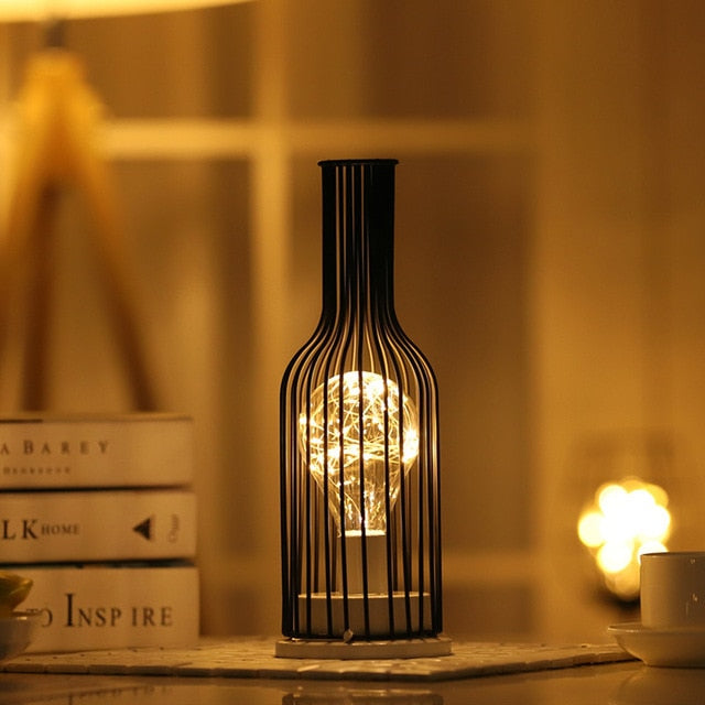 Creative Wrought iron night light Lantern Red Wine Bottle LED Lamp Drinking Glass Battery Light for Cafe Hotel Balcony